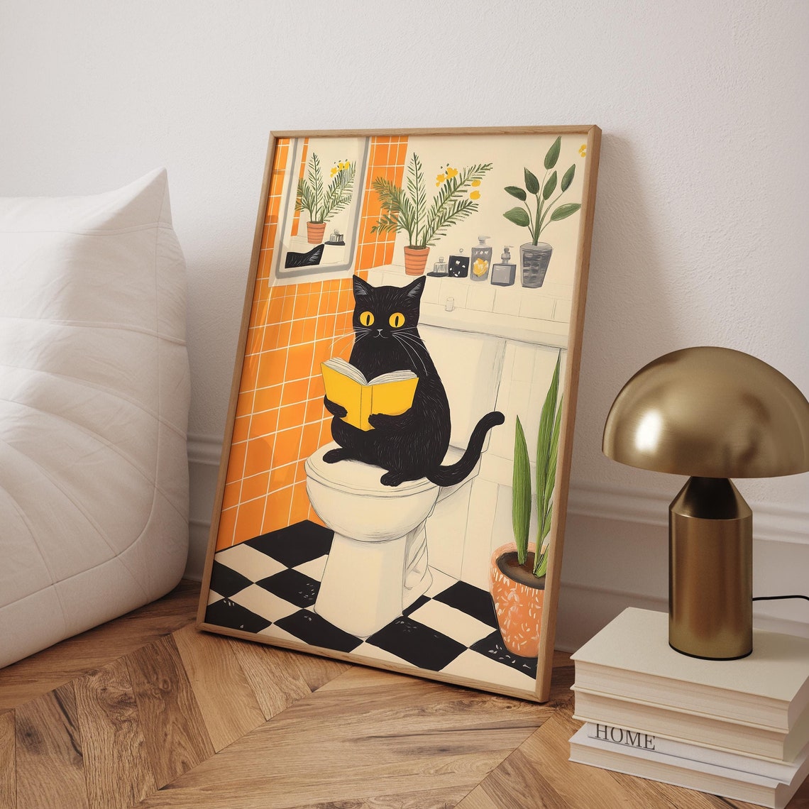 Funny Bathroom Cat Print Lover Gift Art Pink Toilet Poster Wall Pooping Black Digital File