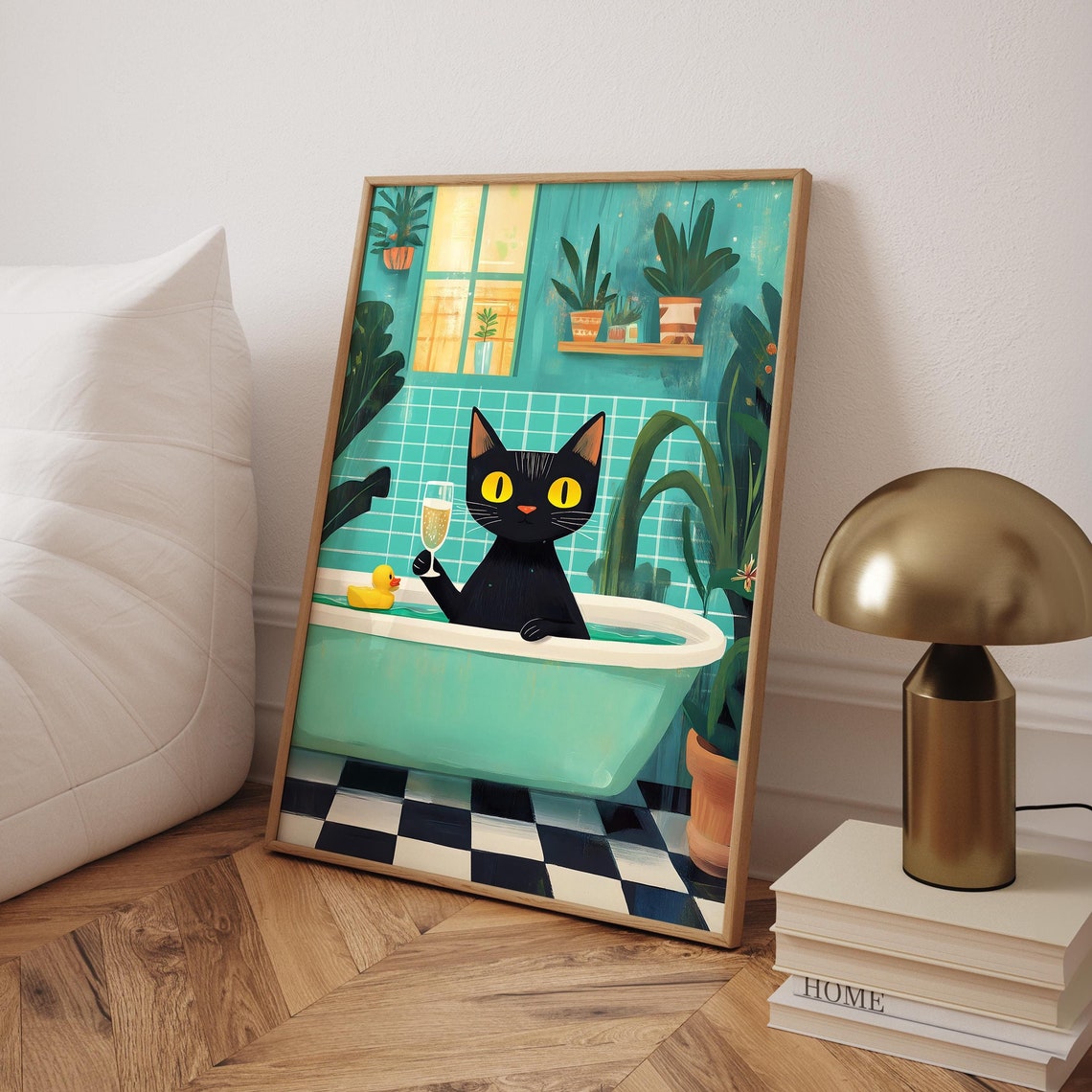 Black Cat Champagne Bath with Rubber Duck Funny Bathroom Poster