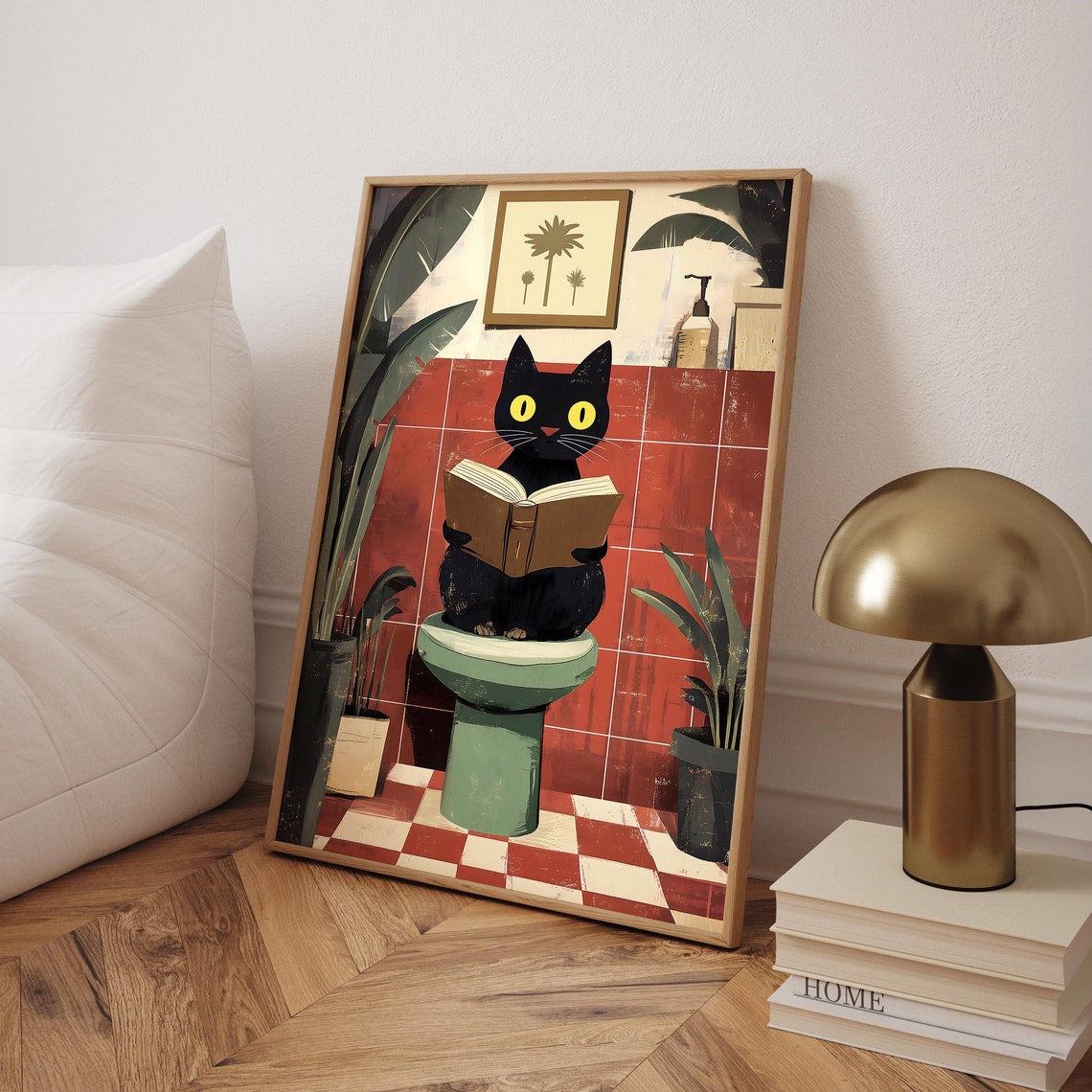 Funny Bathroom Cat Print Pooping Wall Art Pink Toilet Poster Lover Gift Black Digital File