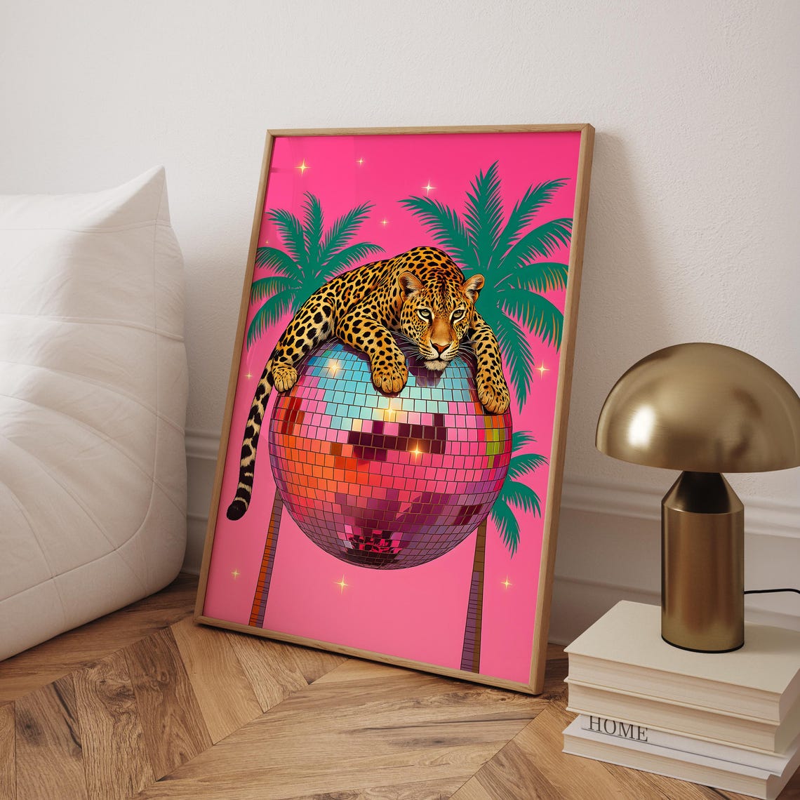 Leopard On Disco Ball Poster Jungle Print Wall Art Vibrant Maximalist Prints Decor Digital File