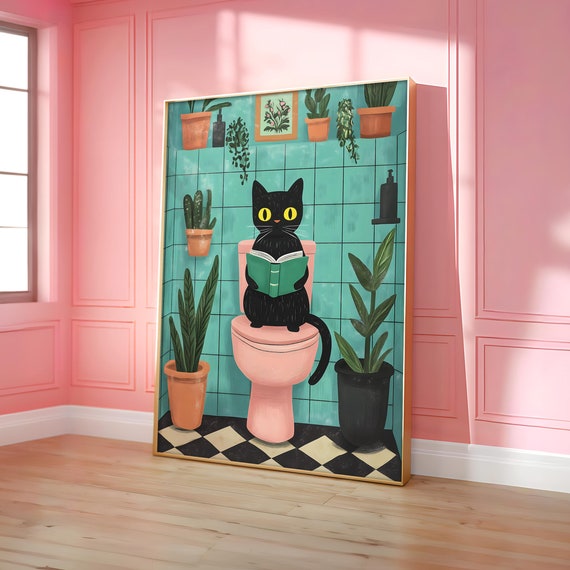 Funny Bathroom Cat Print Toilet Wall Art Lover Gift Black Pink Poster Pooping Optional Frame