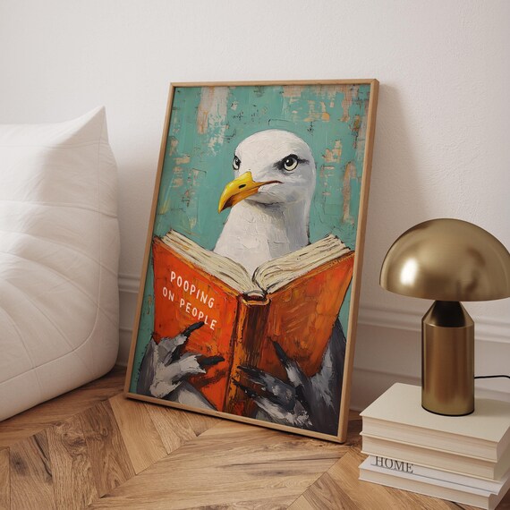 Seagull Reading Pooping On People Book Teal Funny Bathroom Humor Poster