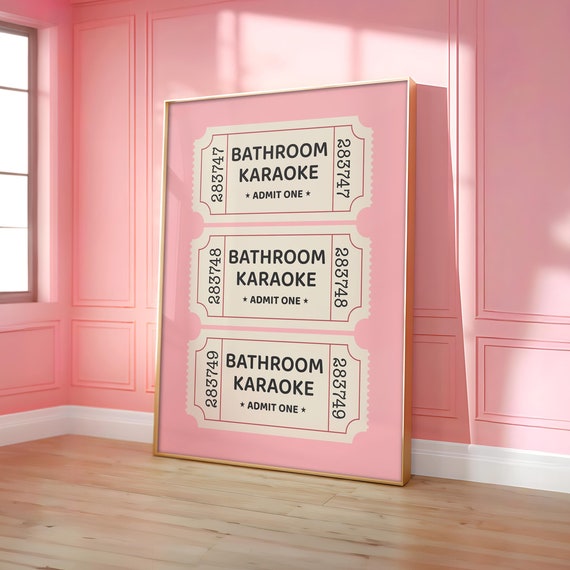 Bathroom Karaoke Ticket Poster Pink Decor Vintage Trendy Wall Art Shower Singing Funny Print Digital File