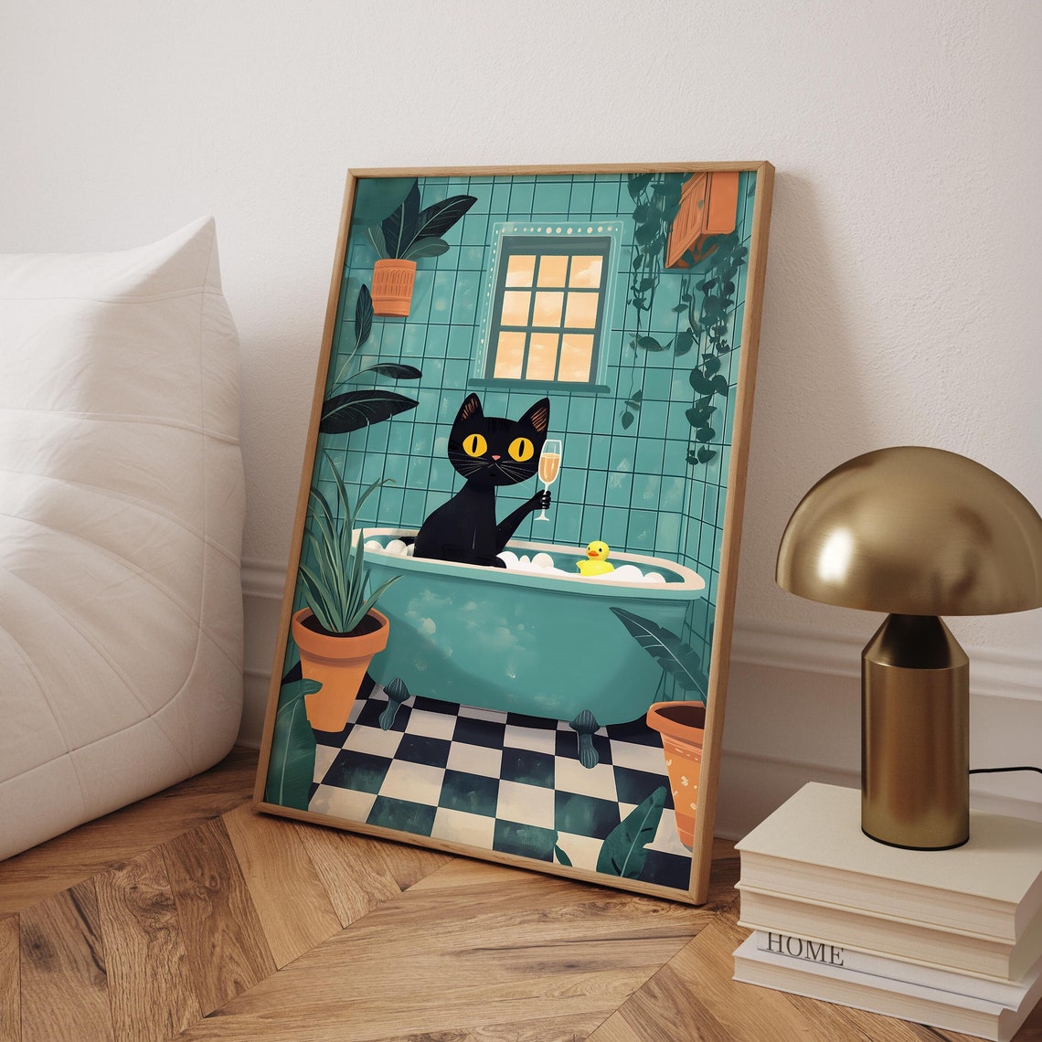 Funny Black Cat Rubber Duck Poster Pink Bathroom Prints Jungle Wall Art Animal In Bathtub Print Digital File