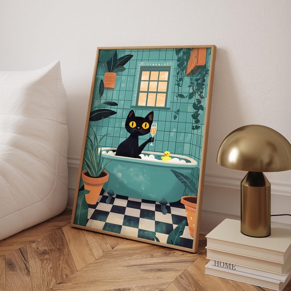 Funny Black Cat Rubber Duck Poster Pink Bathroom Prints Jungle Wall Art Animal In Bathtub Print Digital File