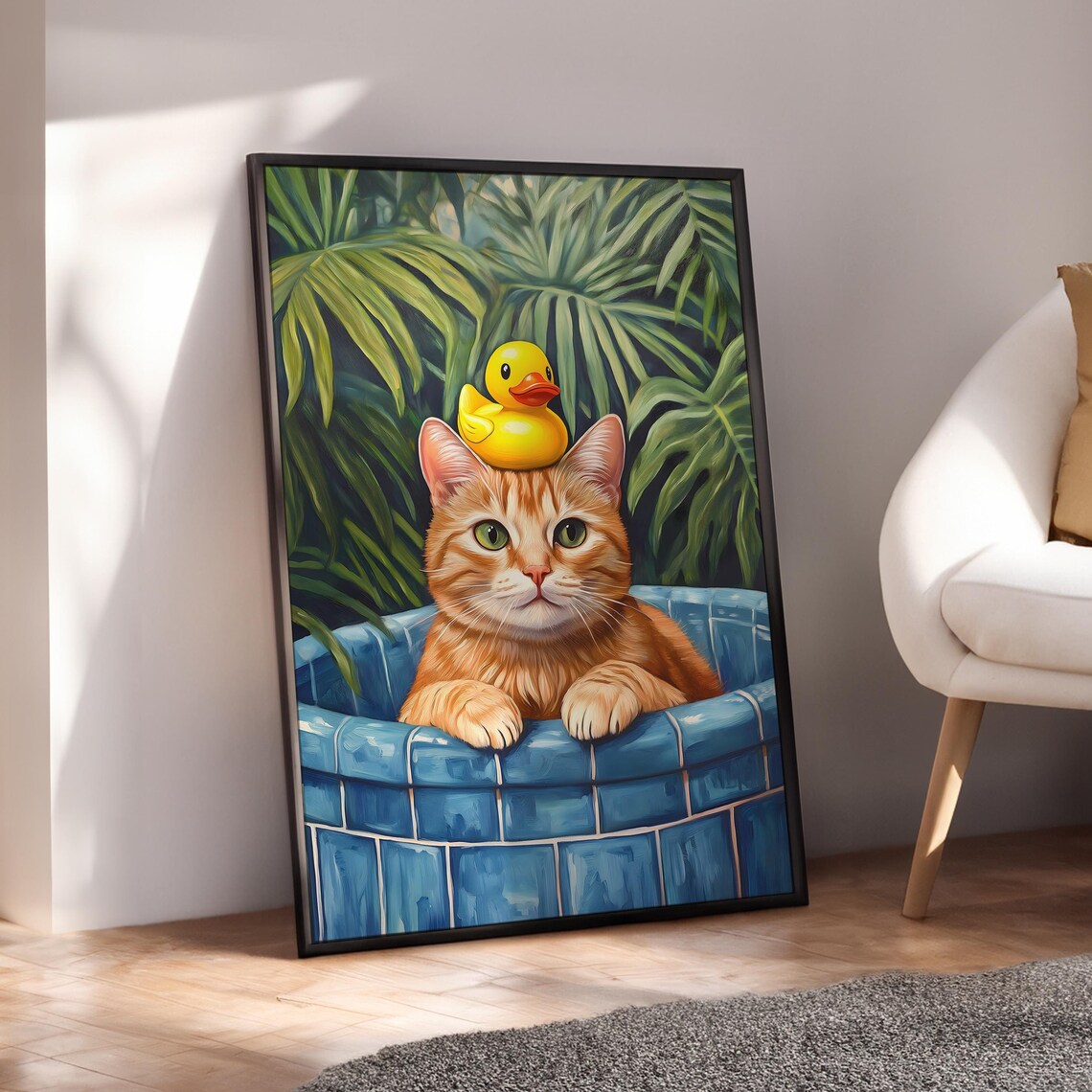 Orange Tabby Cat in Blue Bathtub With Rubber Duck Jungle Poster
