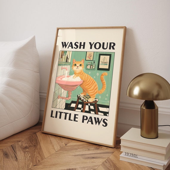 Wash Your Paws Cat Poster Washing Up Print Humor Wall Art Orange Funny Toilet Bathroom Digital File
