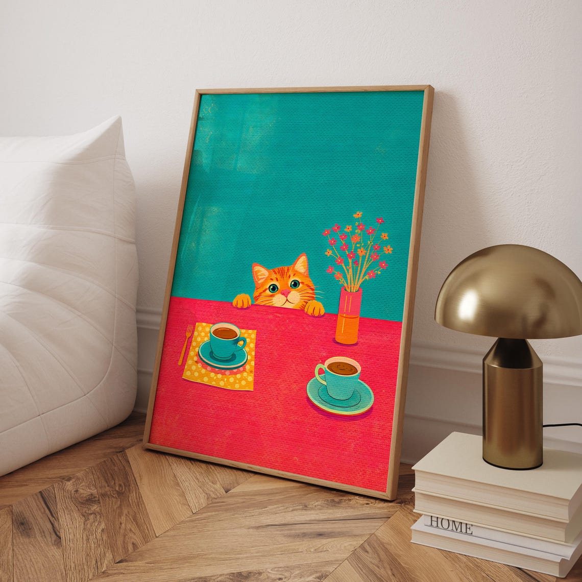 Curious Ginger Cat Peeking Over Coffee Table Whimsical Kitchen Poster