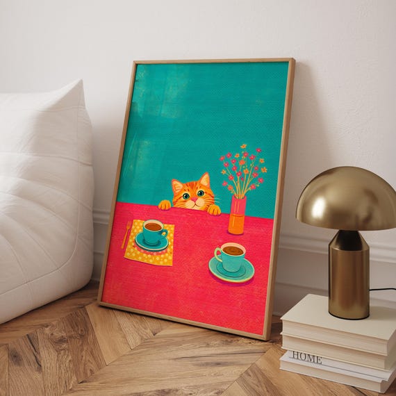 Sneaky Cat Kitchen Poster Coffee Bar Wall Art Cute Black Print Retro Cafe Decor Purple Digital File