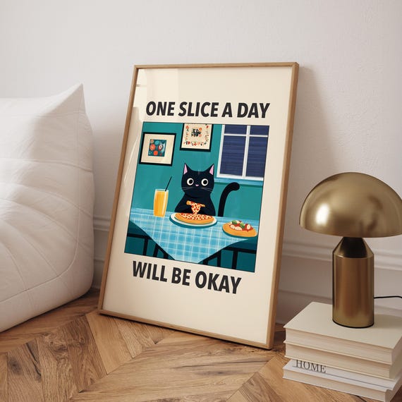 Funny Pizza Cat Poster Black Wall Art Italian Kitchen Print Retro Diner Decor Cute Lover Gift Optional Frame