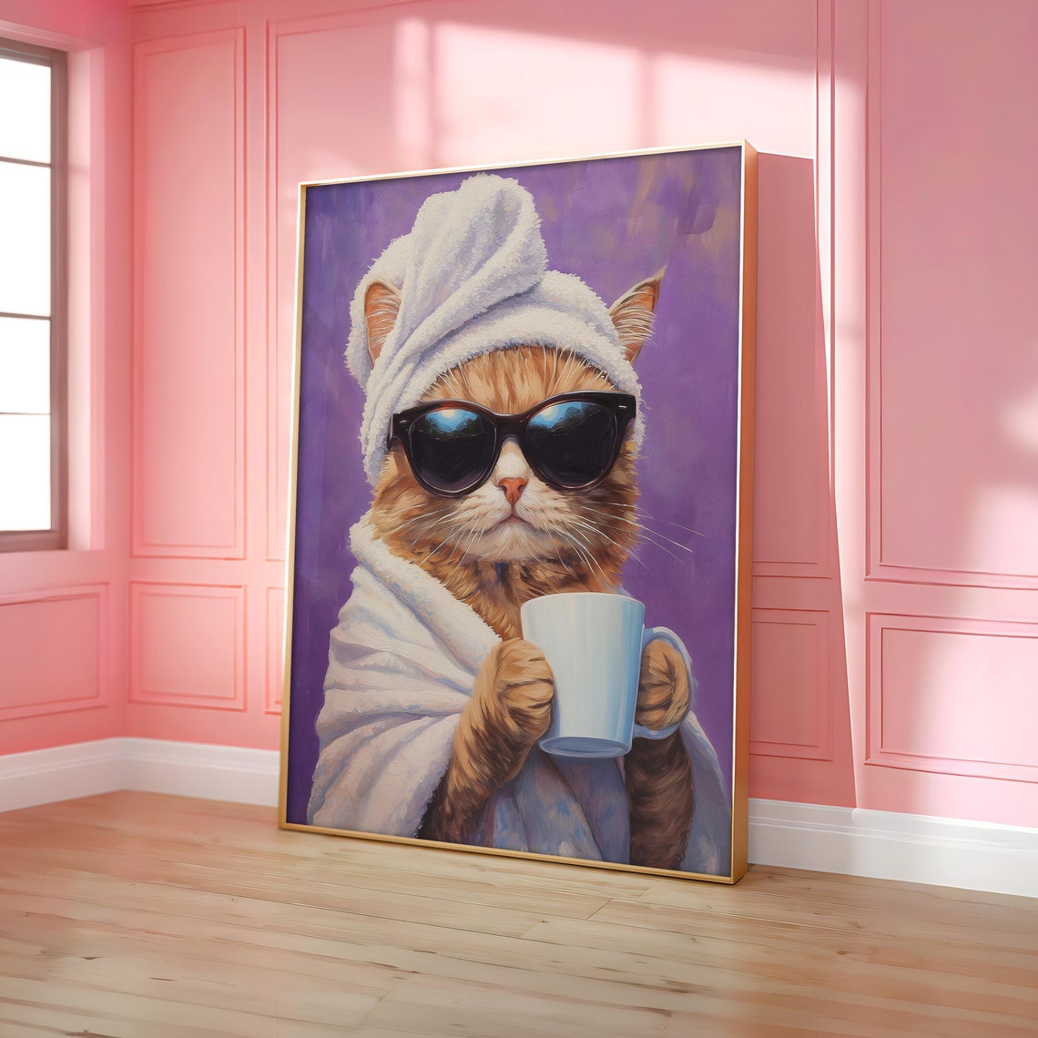 Cat Drinking Coffee Poster Pink Print Dopamine Eclectic Art Wall Maximalist Decor Optional Frame
