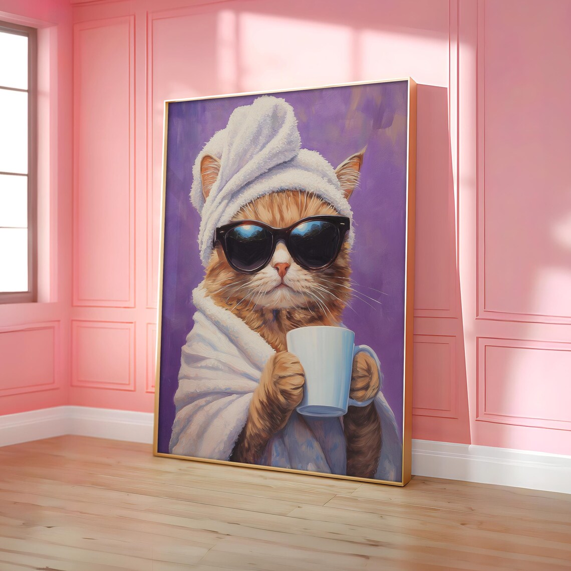 Orange Cat in Bathrobe Drinking Coffee Poster Funny Purple Dopamine Decor
