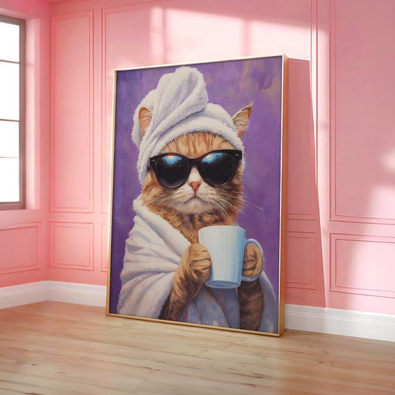 Cat Drinking Coffee Poster Pink Print Dopamine Eclectic Art Wall Maximalist Decor Optional Frame