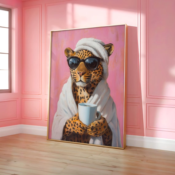 Cool Leopard Drinking Coffee Poster Eclectic Art Pink Print Maximalist Wall Decor Optional Frame