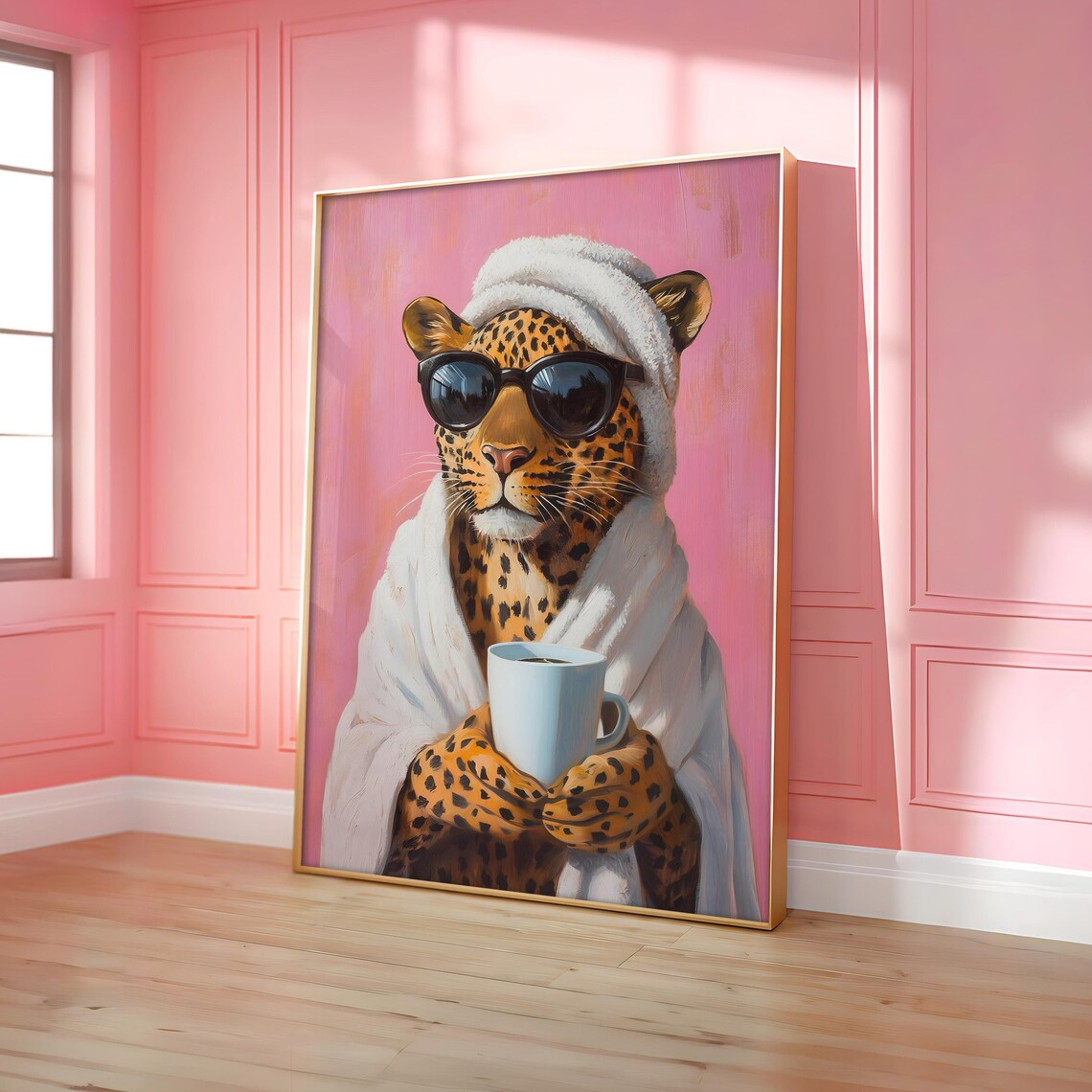 Cool Leopard Drinking Coffee Poster Funny Pink Maximalist Bathroom Artwork