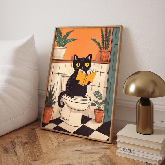 Funny Bathroom Cat Print Pink Toilet Poster Wall Art Lover Gift Black Pooping Digital File