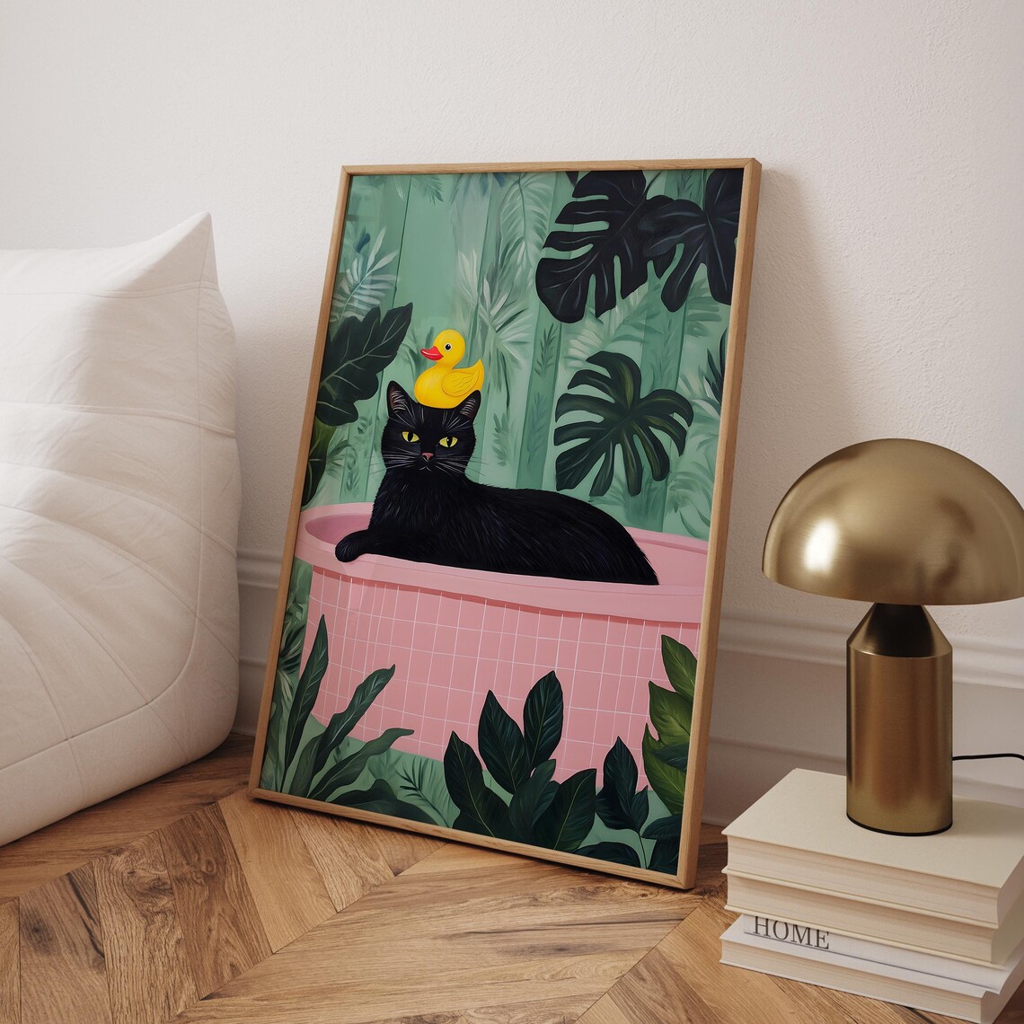 Playful Black Cat Rubber Duck Pink Bathtub Jungle Leaves Art Poster