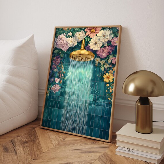 Gold Shower Head with Colorful Flowers Maximalist Bathroom Poster