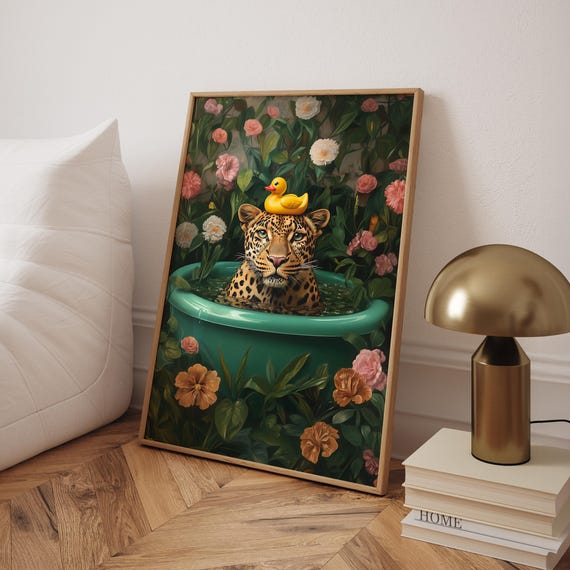 Leopard In Bathtub Print Rubber Duck Poster Emerald Bathroom Prints Jungle Wall Art Animal Digital File