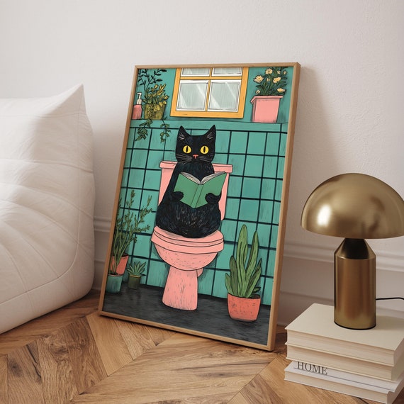 Funny Bathroom Cat Print Black Lover Gift Art Pink Toilet Poster Pooping Wall Digital File