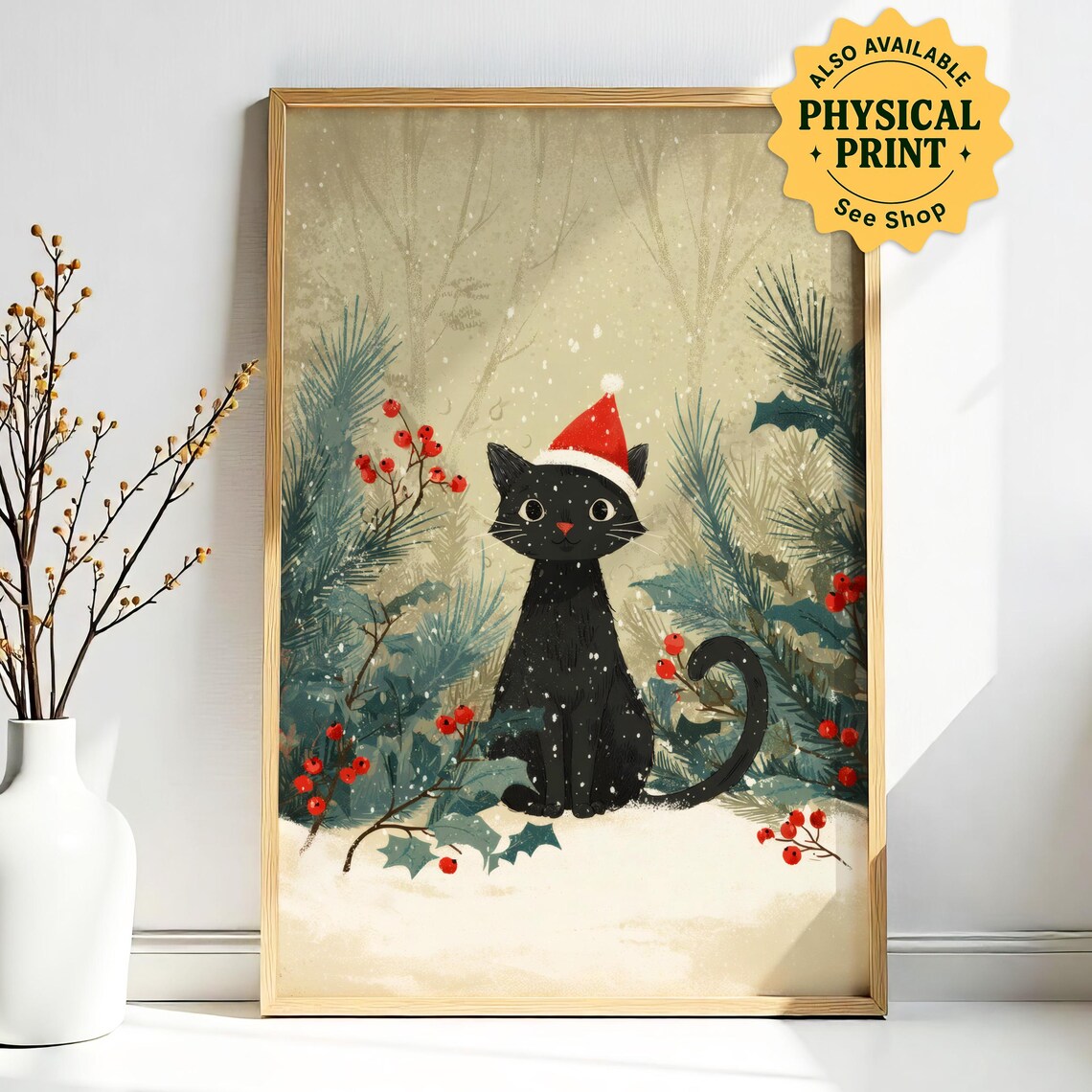 Cute Black Cat In Santa Hat Snowy Holly Christmas Scene Poster