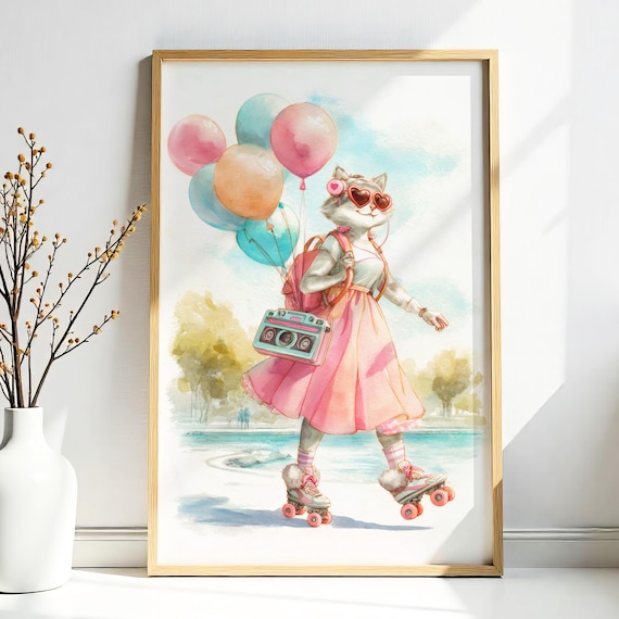 Retro Roller Skating Cat In Pink Dress Watercolor 80s Fashion Cute Cat Poster