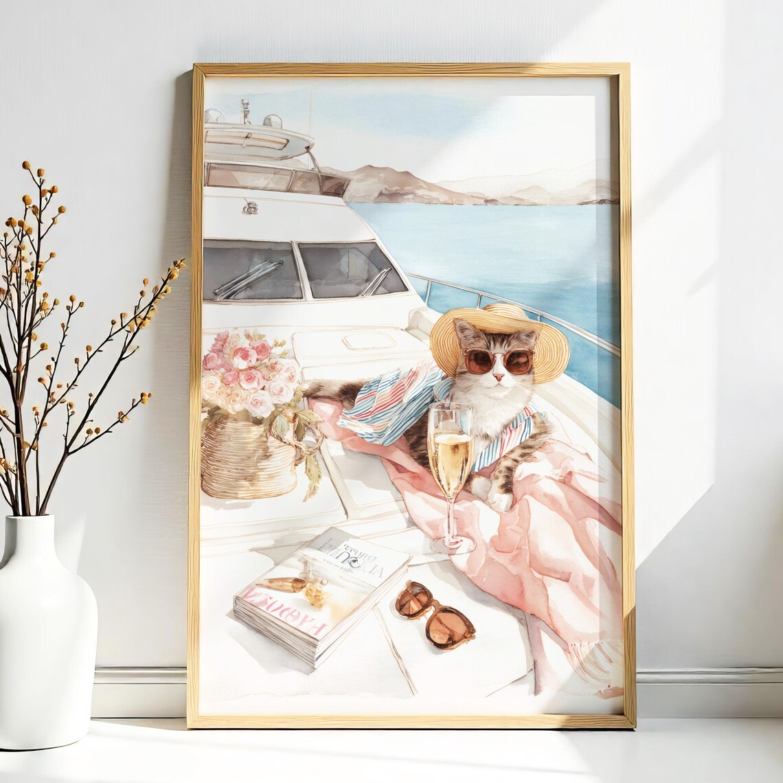 Luxury Yacht Cat Lounging With Champagne Elegant Summer Vacation Cat Poster