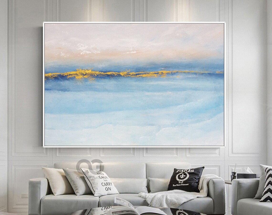 Light Blue Ocean Sunrise Abstract Seascape Gold Horizon Coastal Art Poster - Image 5