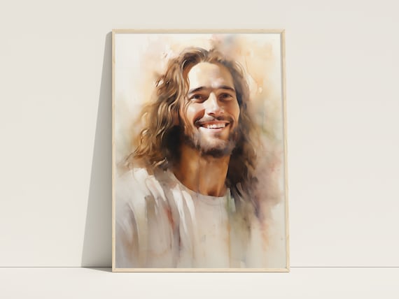 Smiling Jesus Christ Warm Joyful Watercolor Portrait Art Poster