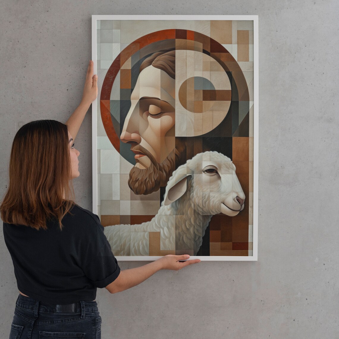 Jesus Good Shepherd Geometric Mosaic Cubist Lamb Halo Art Poster - Image 2