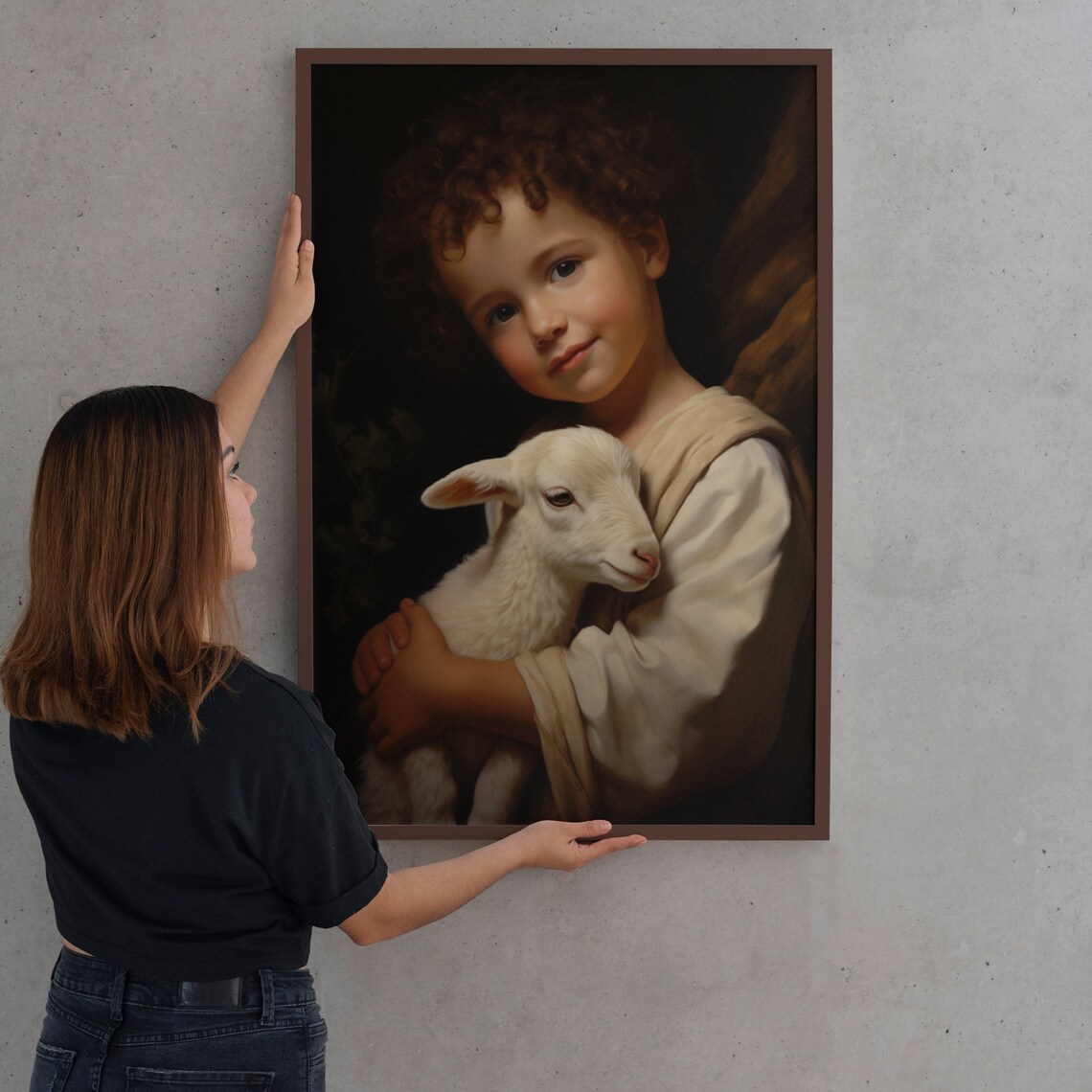 Child Jesus Holding Lamb Classic Dark Oil Painting Style Art Poster - Image 2