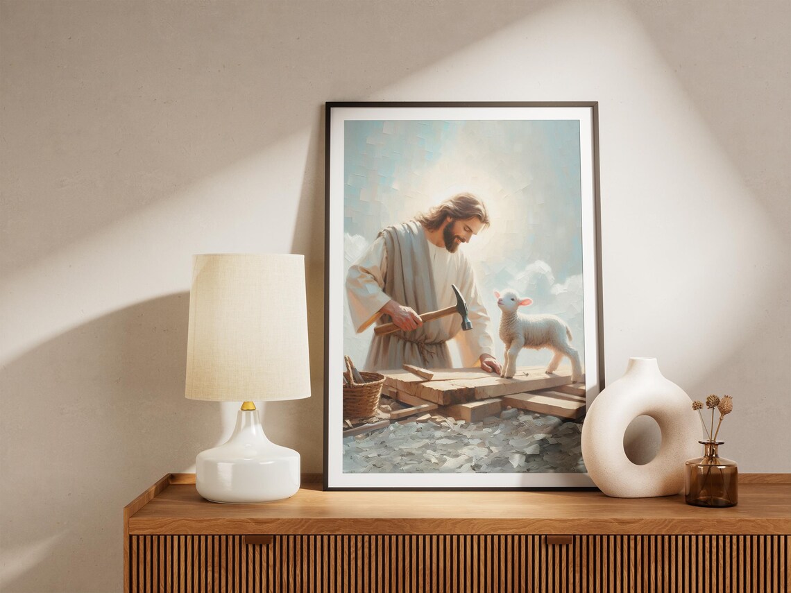 Jesus the Carpenter at Work Building Wood with Lamb Oil Art Poster - Image 4