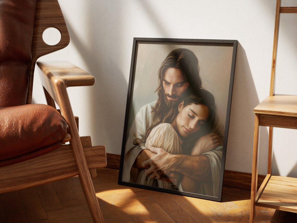 Jesus Christ Embracing Woman Resting Heart Painting Faith Gift Poster - Image 4