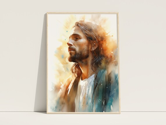 Jesus Christ Profile Radiant Glowing Watercolor Portrait Art Poster