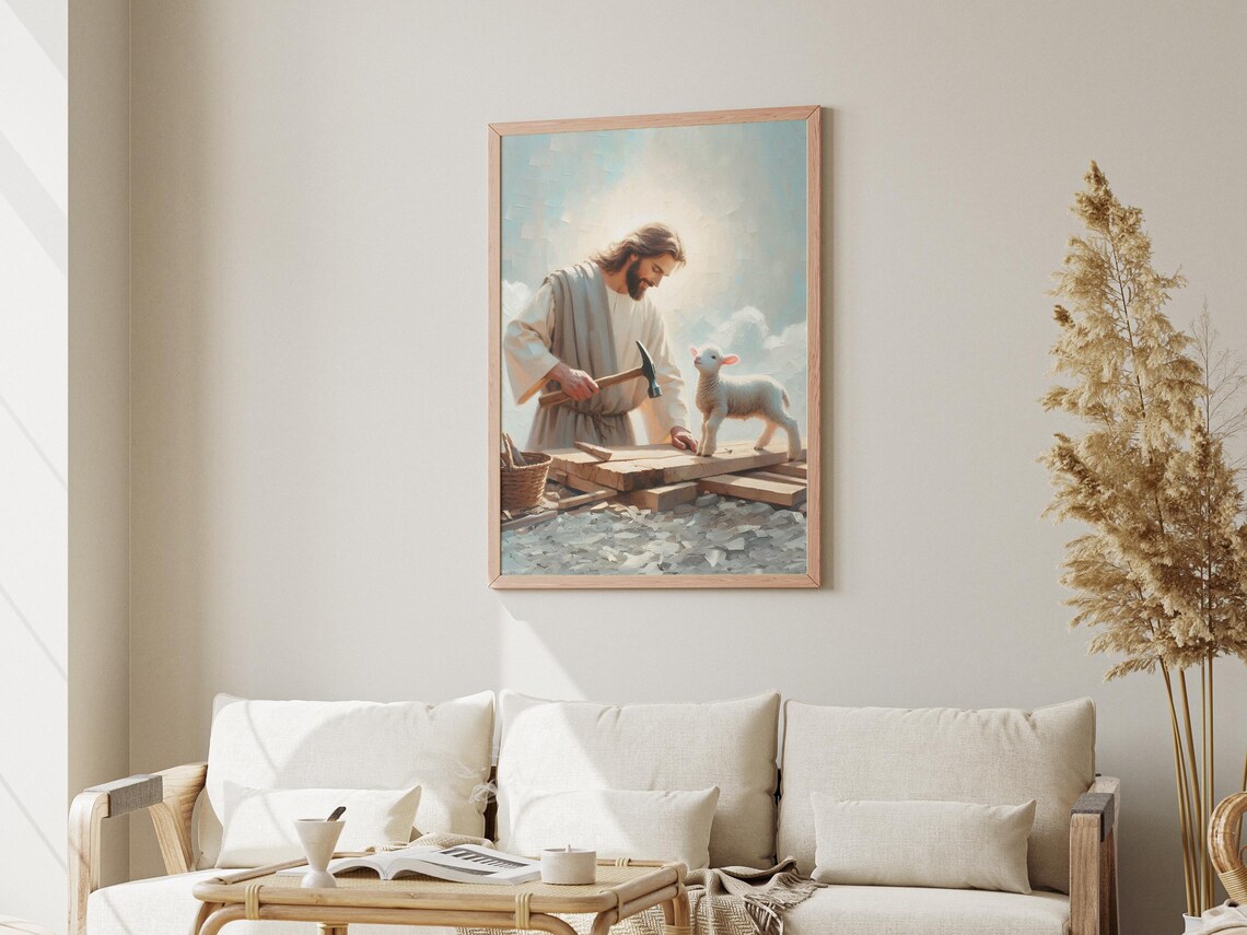 Jesus the Carpenter at Work Building Wood with Lamb Oil Art Poster - Image 3