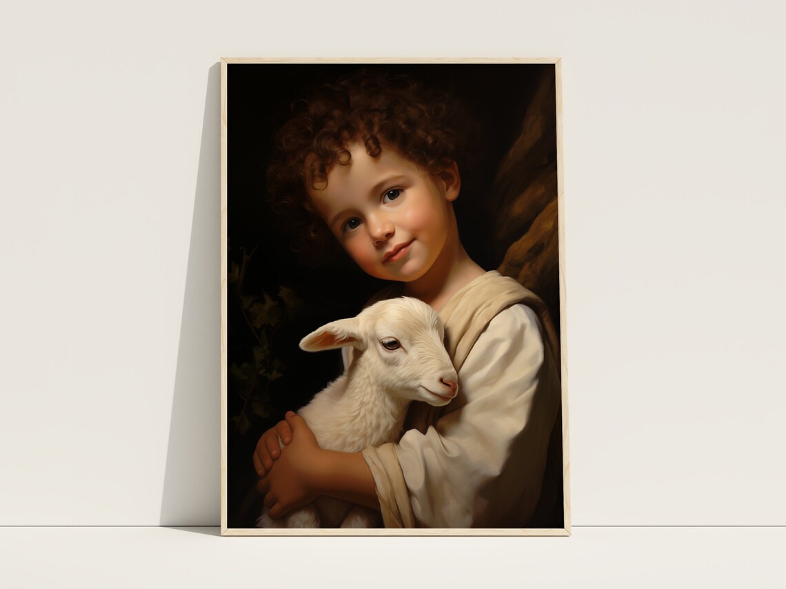Child Jesus Holding Lamb Classic Dark Oil Painting Style Art Poster