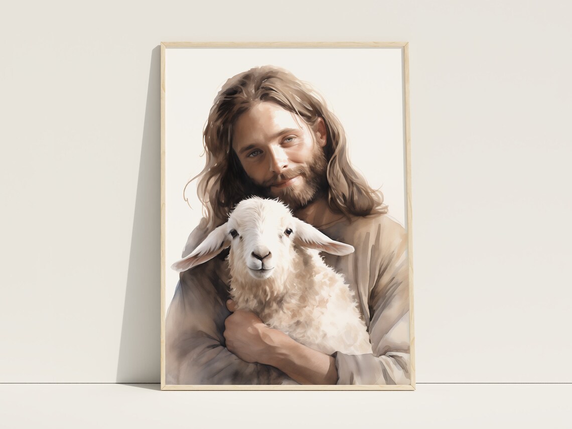Jesus Christ Embracing Lamb Watercolor Good Shepherd Christian Art Poster