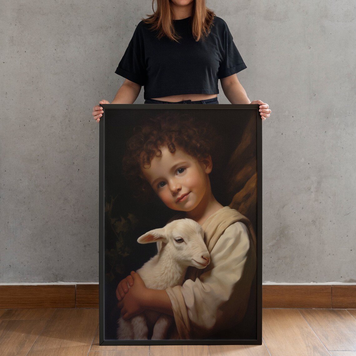Child Jesus Holding Lamb Classic Dark Oil Painting Style Art Poster - Image 4