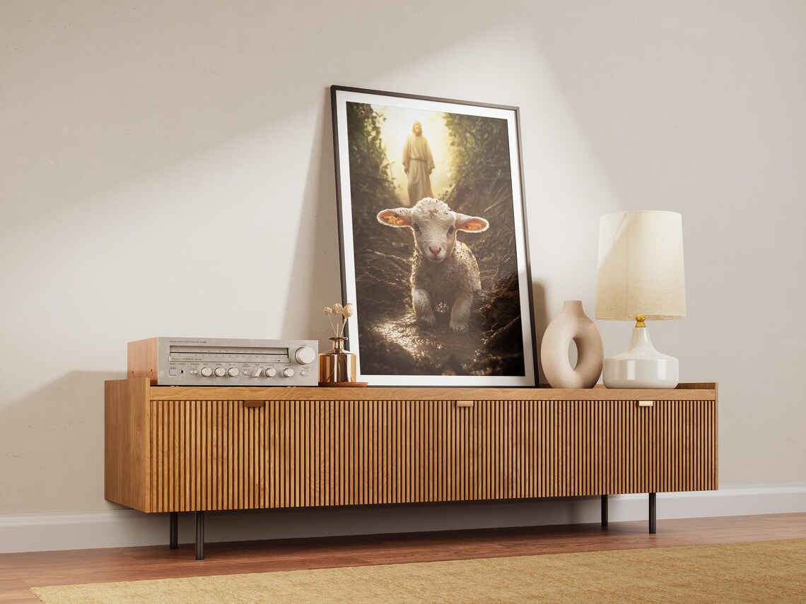 Lost Sheep Lamb Running to Jesus Light Parable Christian Art Poster - Image 2