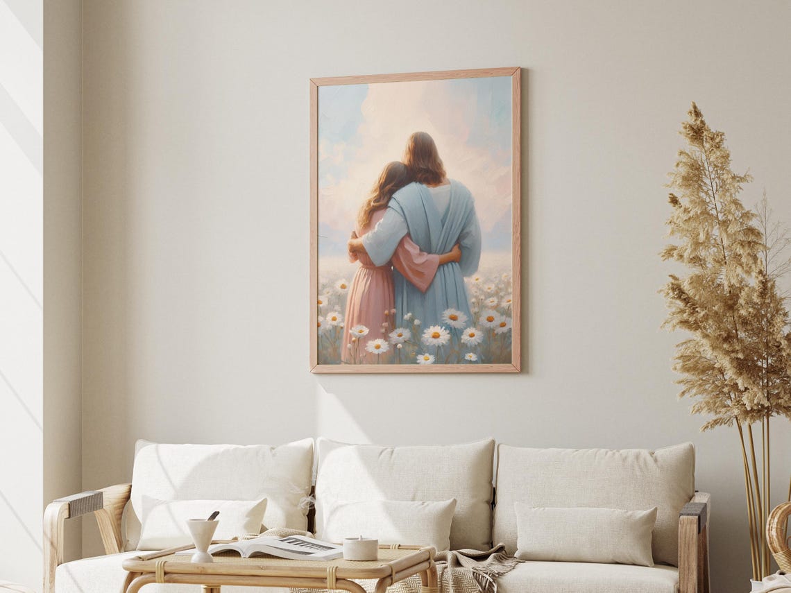Ever Together Jesus With Woman Print Jesus Hugging Girl Jesus And Woman Wall Art Jesus With Girl Painting Modern Christian Art Lds Art - Image 3