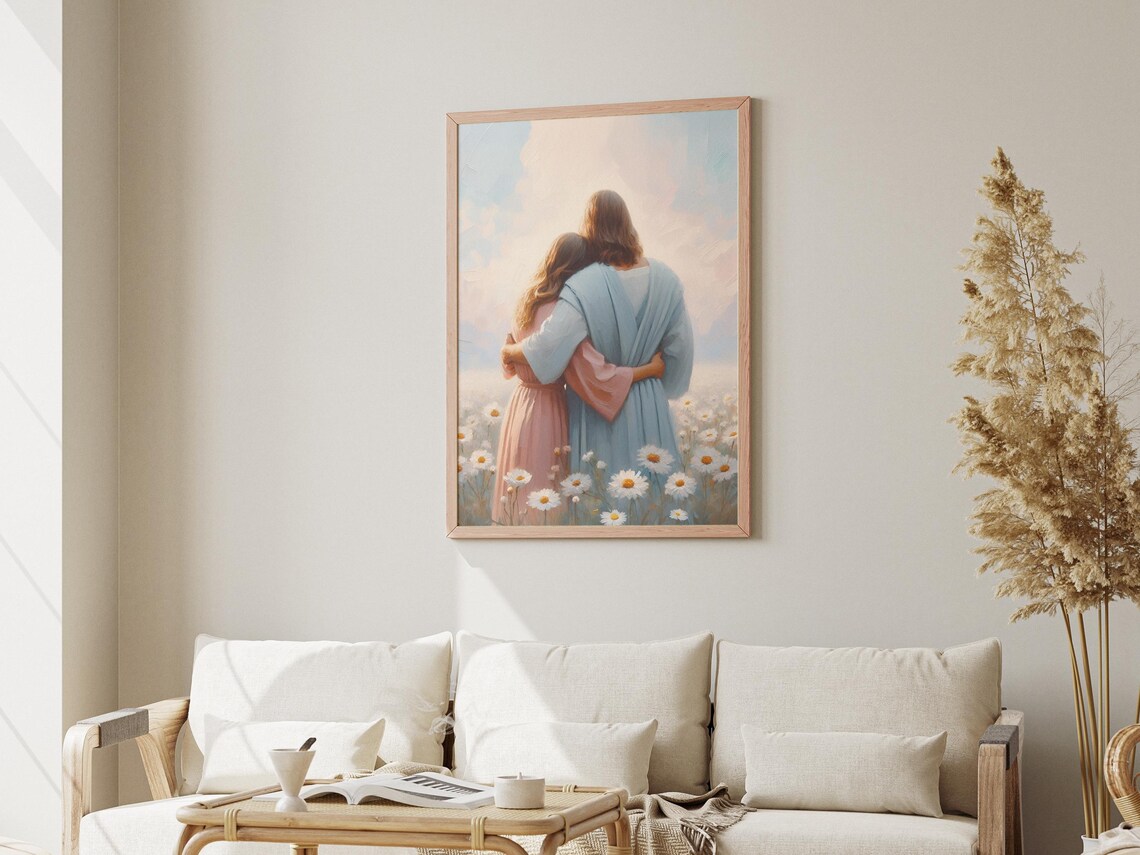 Jesus and Woman Daisy Field Pastel Embrace Painting Heavenly Art Poster - Image 3