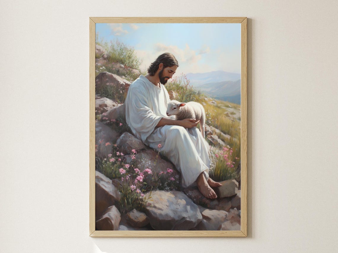 Jesus Sitting on Mountain Rocks Holding Lamb Spring Art Poster