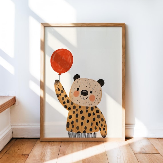 Cute Spotted Bear Holding Red Balloon Nursery Animal Art Poster