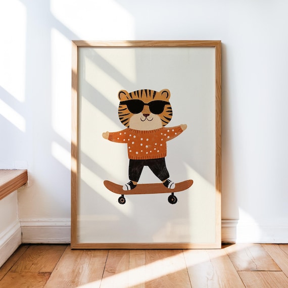 Tiger Skateboarding Retro Print Nursery Wall Art Playful Child Room Decor Whimsical Animal Poster Adventurous Toddler