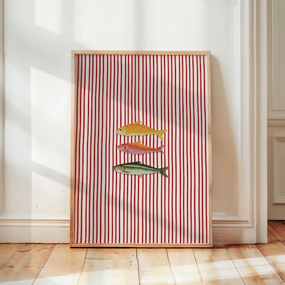 Striped Sardines Poster Retro Kitchen Wall Art Maximalist Fish Print Vintage Foodie Gift Mediterranean Seafood Decor