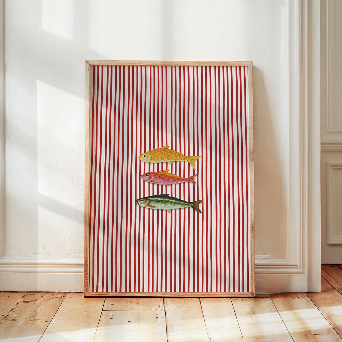 Three Striped Sardines on Red Striped Background Kitchen Poster