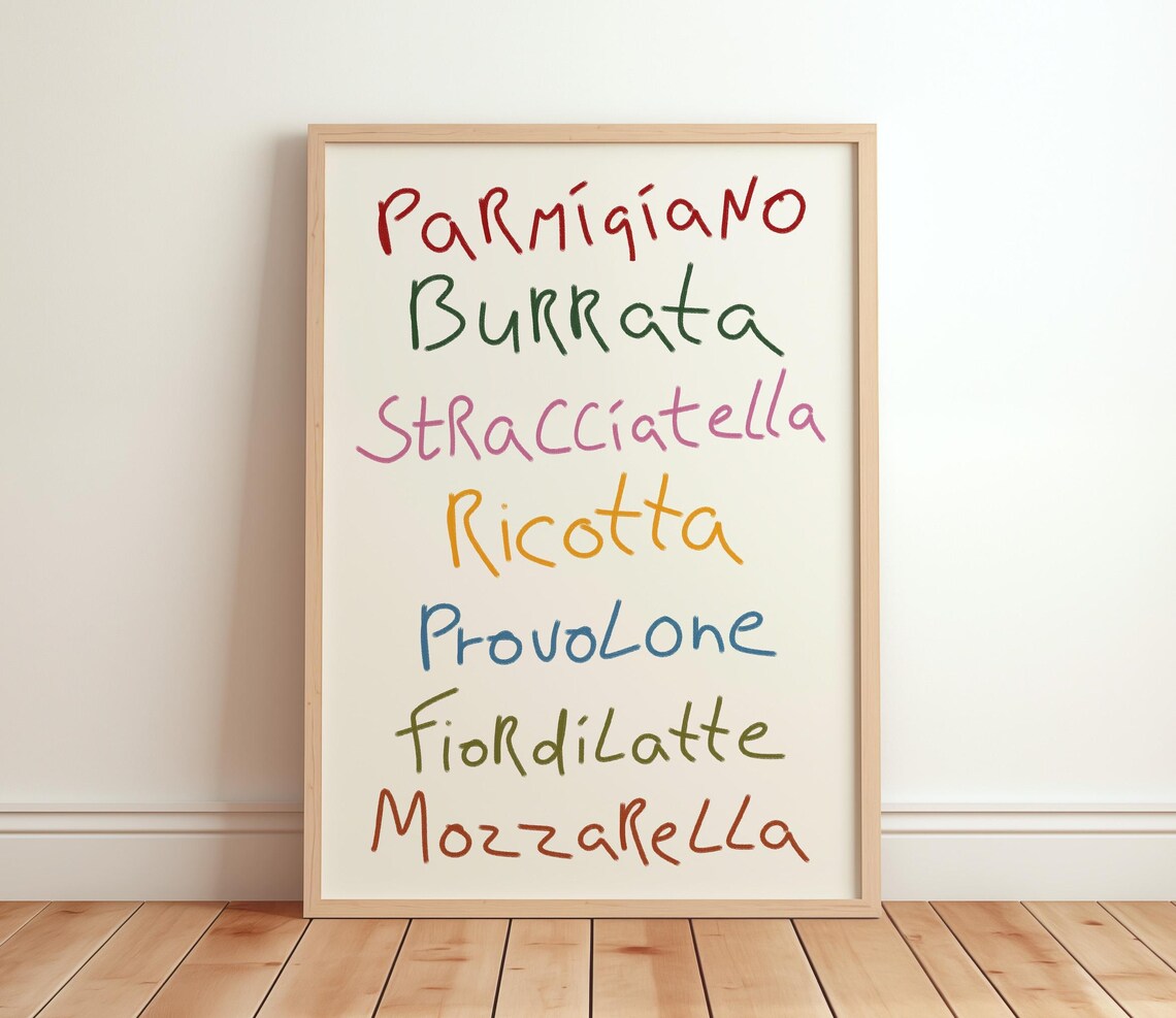 Italian Cheese Names Colorful Handwritten Deli Typography Poster