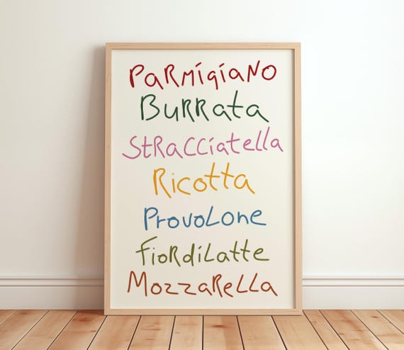 Retro Italian Cheese Names Print Trendy Colorful Typography Art Funny Apartment Decor Lover Gift Maximalist Kitchen