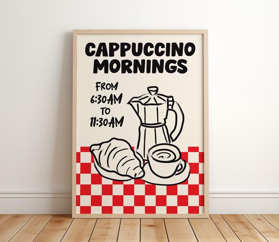Cappuccino Mornings Moka Pot Croissant Fun Retro Kitchen Poster