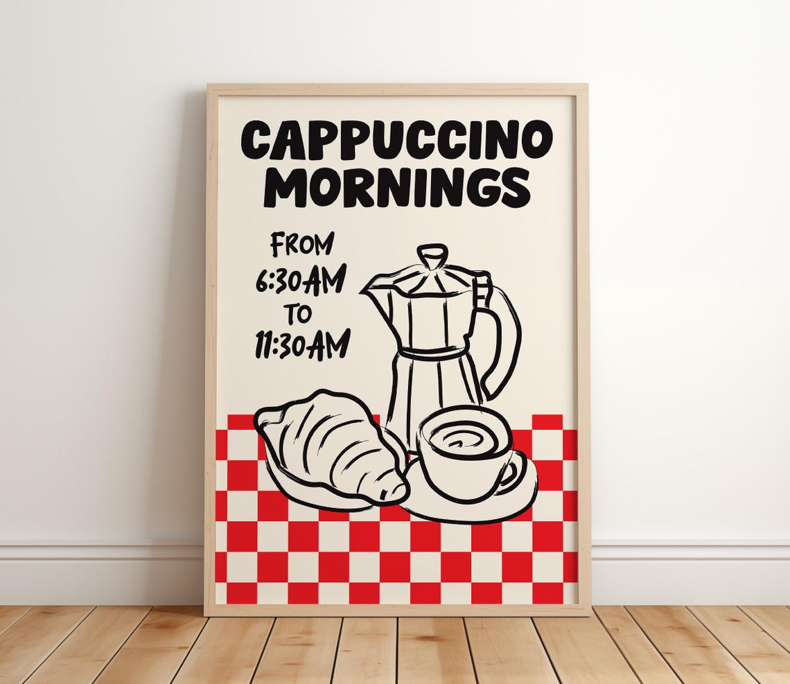 Cappuccino Mornings Moka Pot Croissant Fun Retro Kitchen Poster